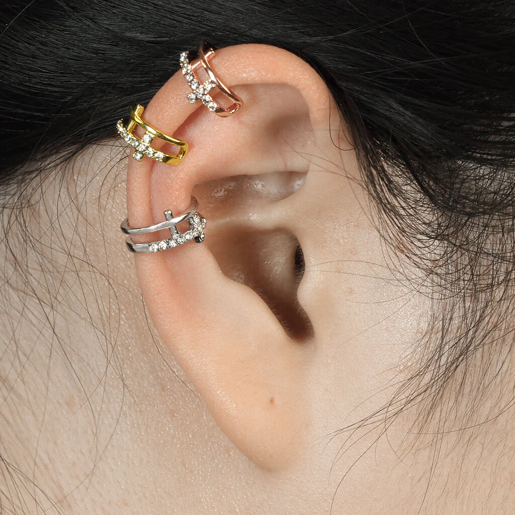 Earcuff Ear Cuff Double Cross Zirconia Bendable - Image 6