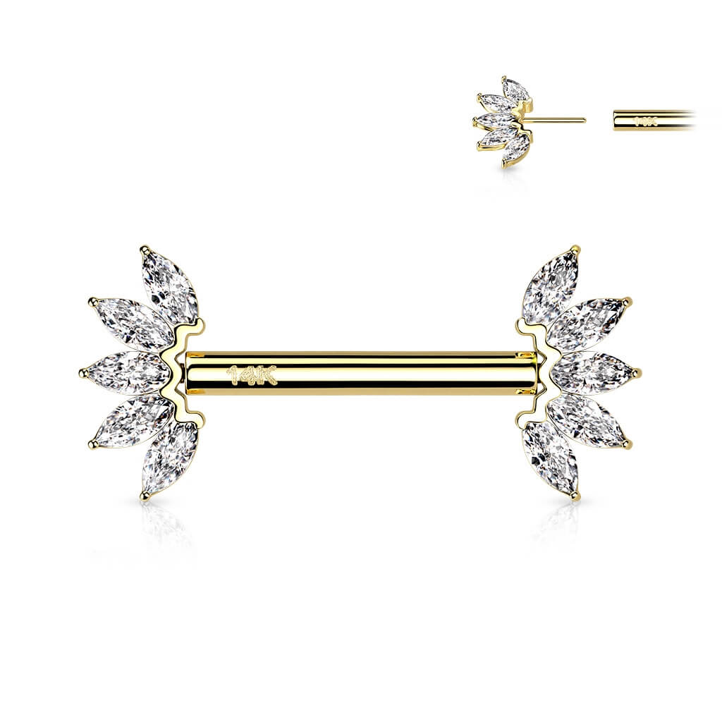 Solid Gold 14 Carat Nipple Piercing 5 Marquise Zirconia Push-In - Image 4