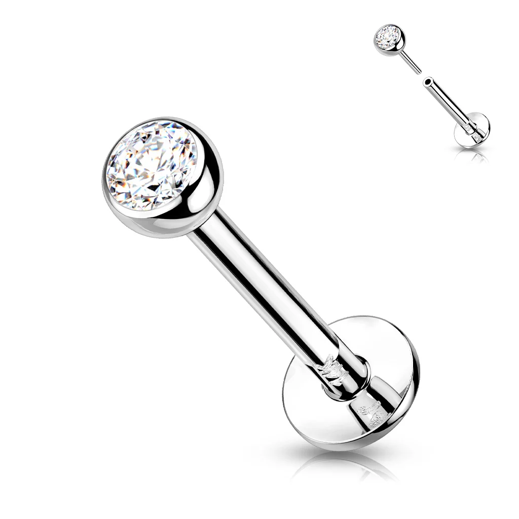 Solid Gold 14 Carat Labret Ball Flat Zirconia Push-In - Image 4