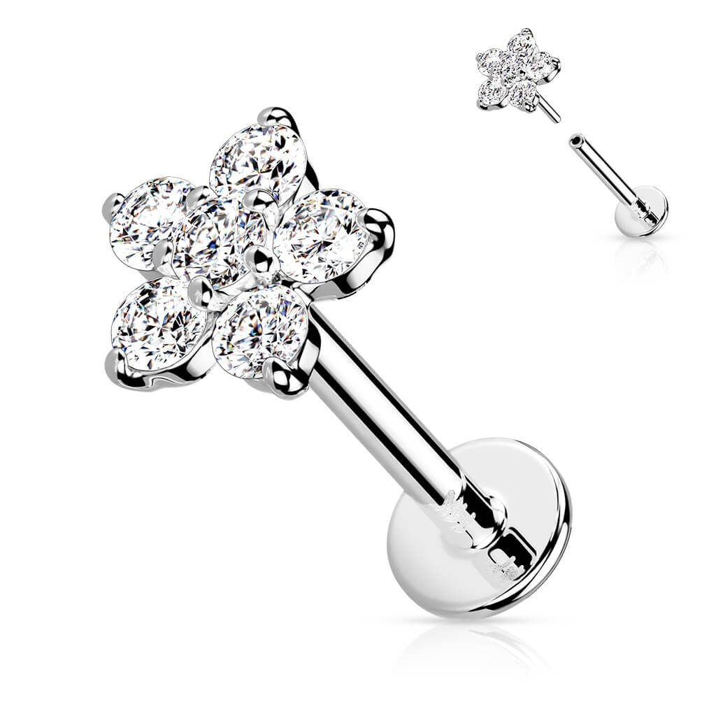 Solid Gold 14 Carat Labret Flower Zirconia Push-In - Image 2