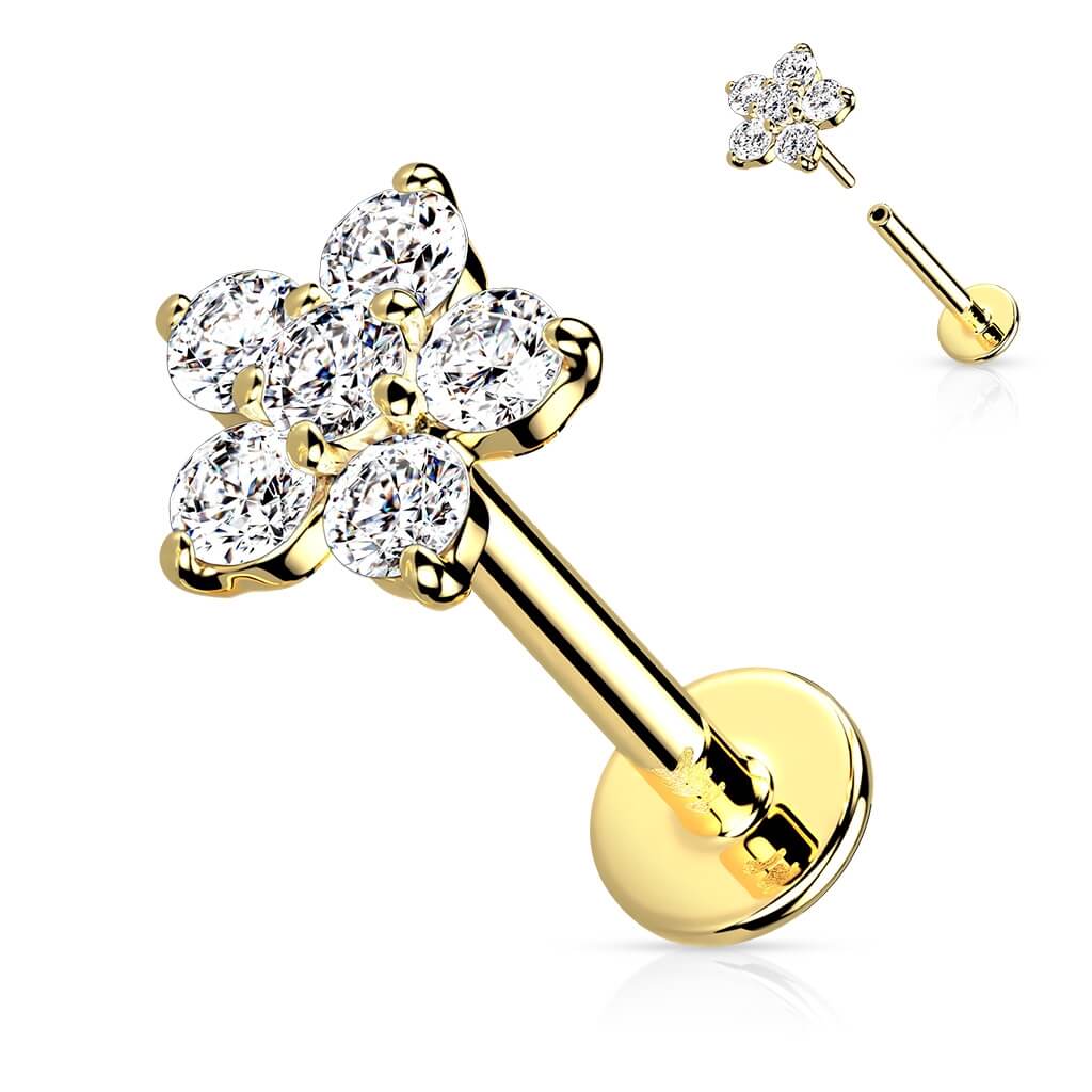 Solid Gold 14 Carat Labret Flower Zirconia Push-In - Image 4