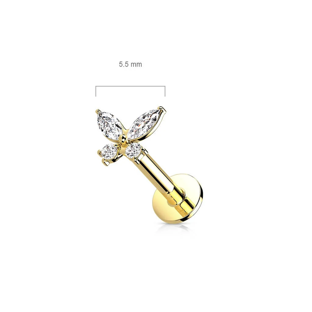 Solid Gold 14 Carat Labret Butterfly Zirconia Push-In - Image 3