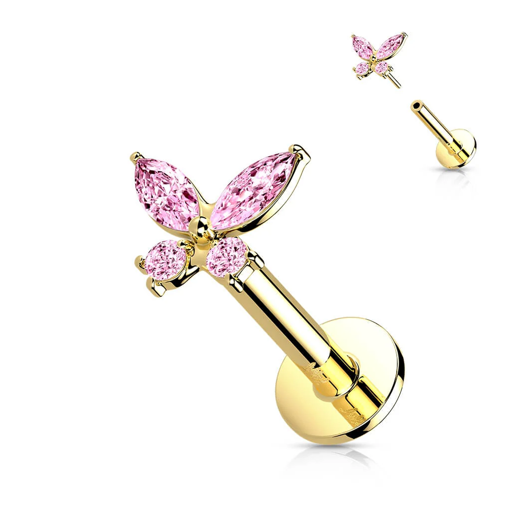 Solid Gold 14 Carat Labret Butterfly Zirconia Push-In - Image 6