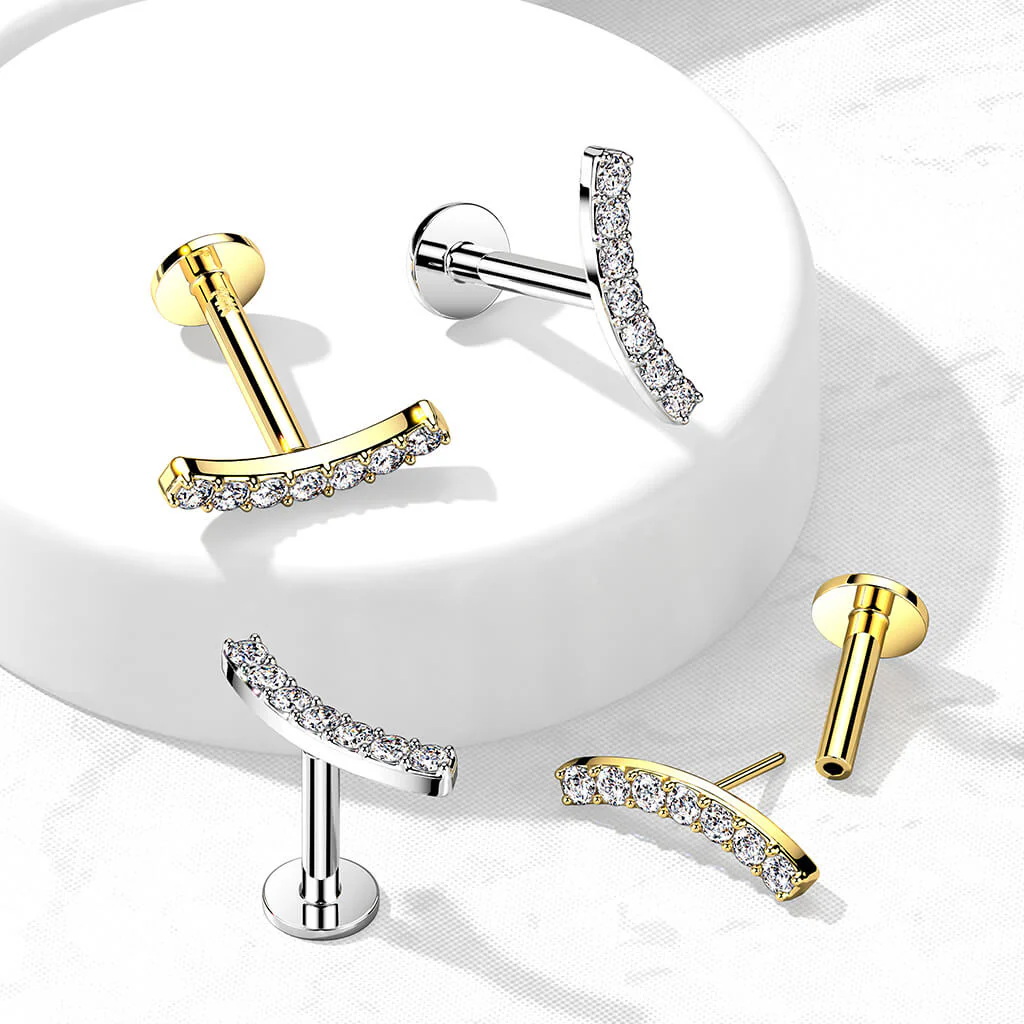 Solid Gold 14 Carat Labret Curved Bar Zirconia Push-In - Image 5