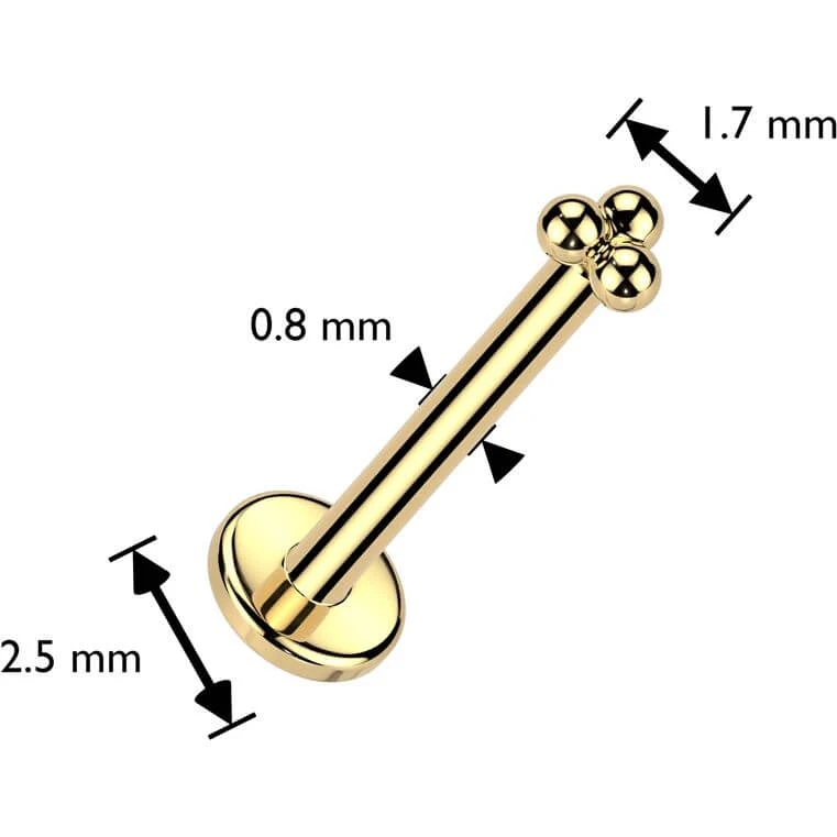 Solid Gold 14 Carat Labret 3 balls nose piercing Push-In - Image 2