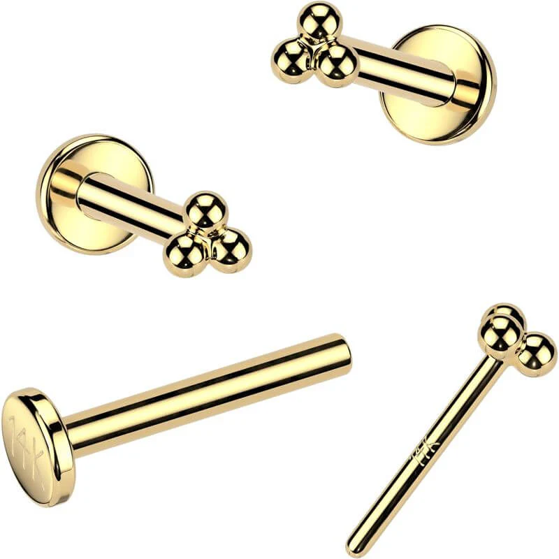 Solid Gold 14 Carat Labret 3 balls nose piercing Push-In - Image 4