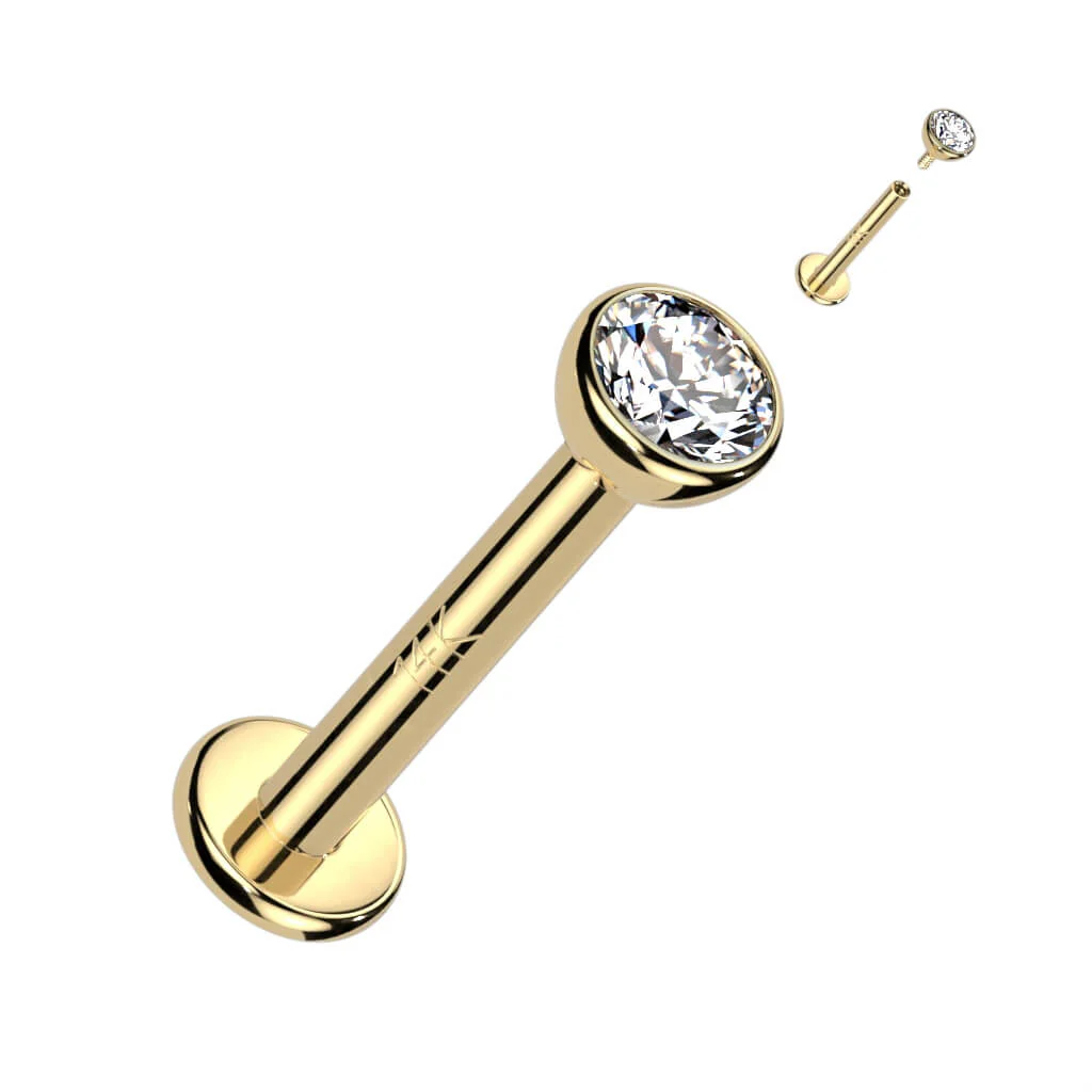 Solid Gold 14 Carat Labret Round Flat Zirconia Internally Threaded - Image 4