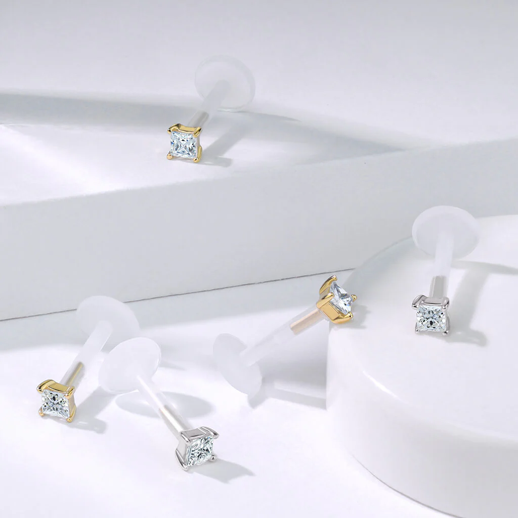 Solid Gold 14 Carat Labret Square Zirconia Push-In - Image 5