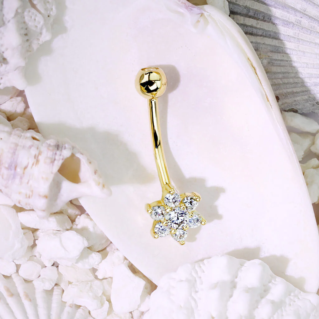 Solid Gold 14 Carat Belly Button Piercing Flower Zirconia - Image 4