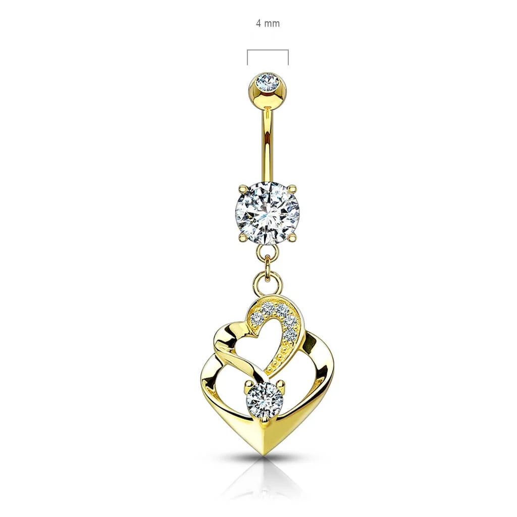 Solid Gold 14 Carat Belly Button Piercing Double Heart dangle Zirconia - Image 3