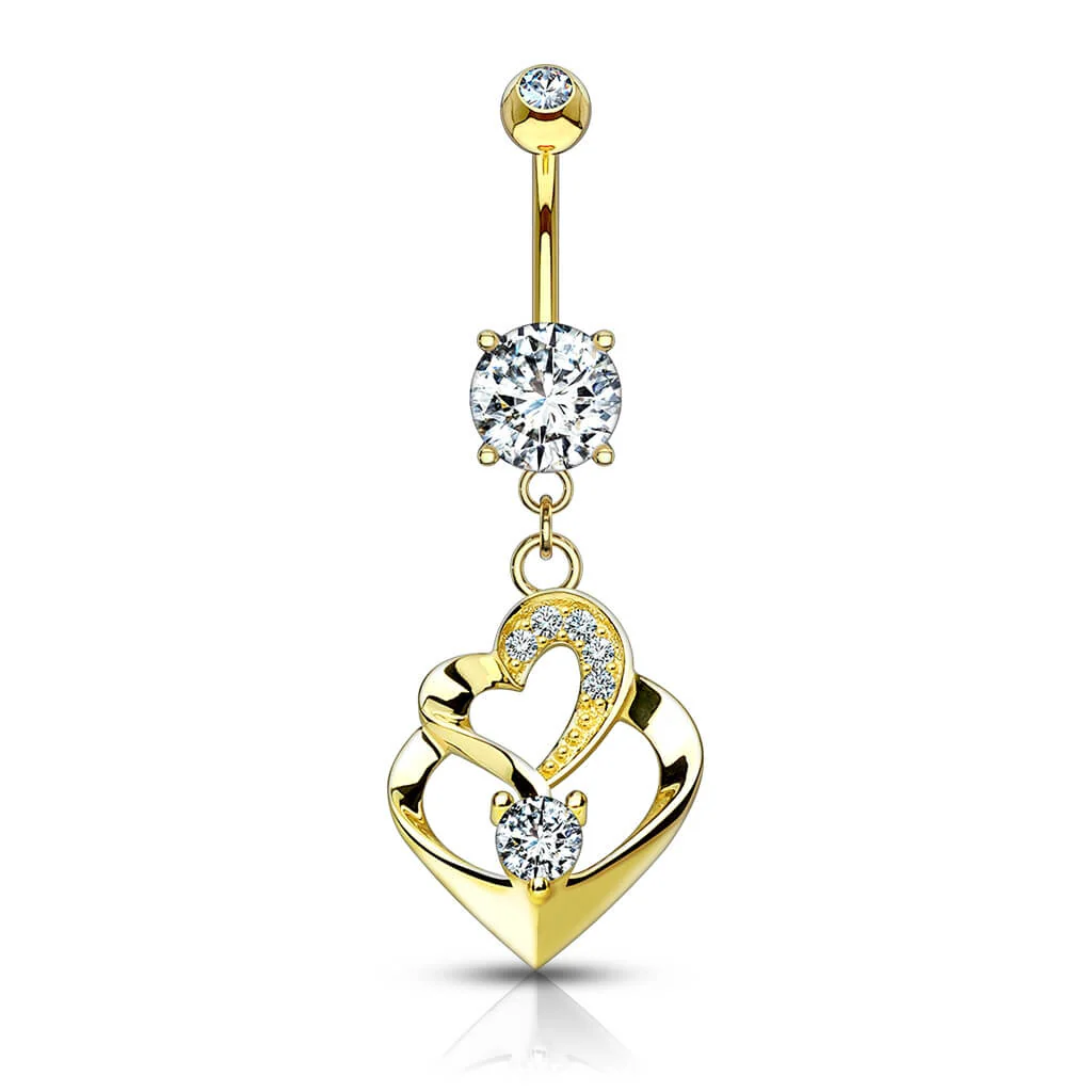 Solid Gold 14 Carat Belly Button Piercing Double Heart dangle Zirconia - Image 4