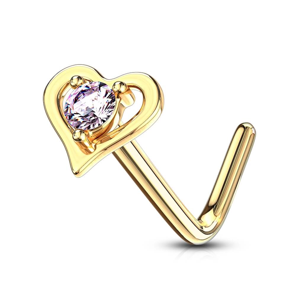 Solid Gold 14 Carat Nose L-Shape Heart Zirconia - Image 10