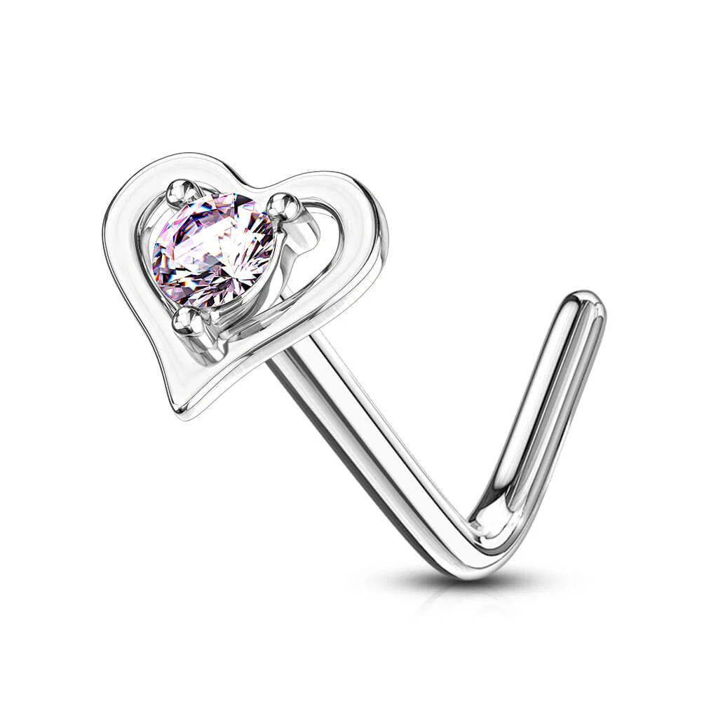 Solid Gold 14 Carat Nose L-Shape Heart Zirconia - Image 4