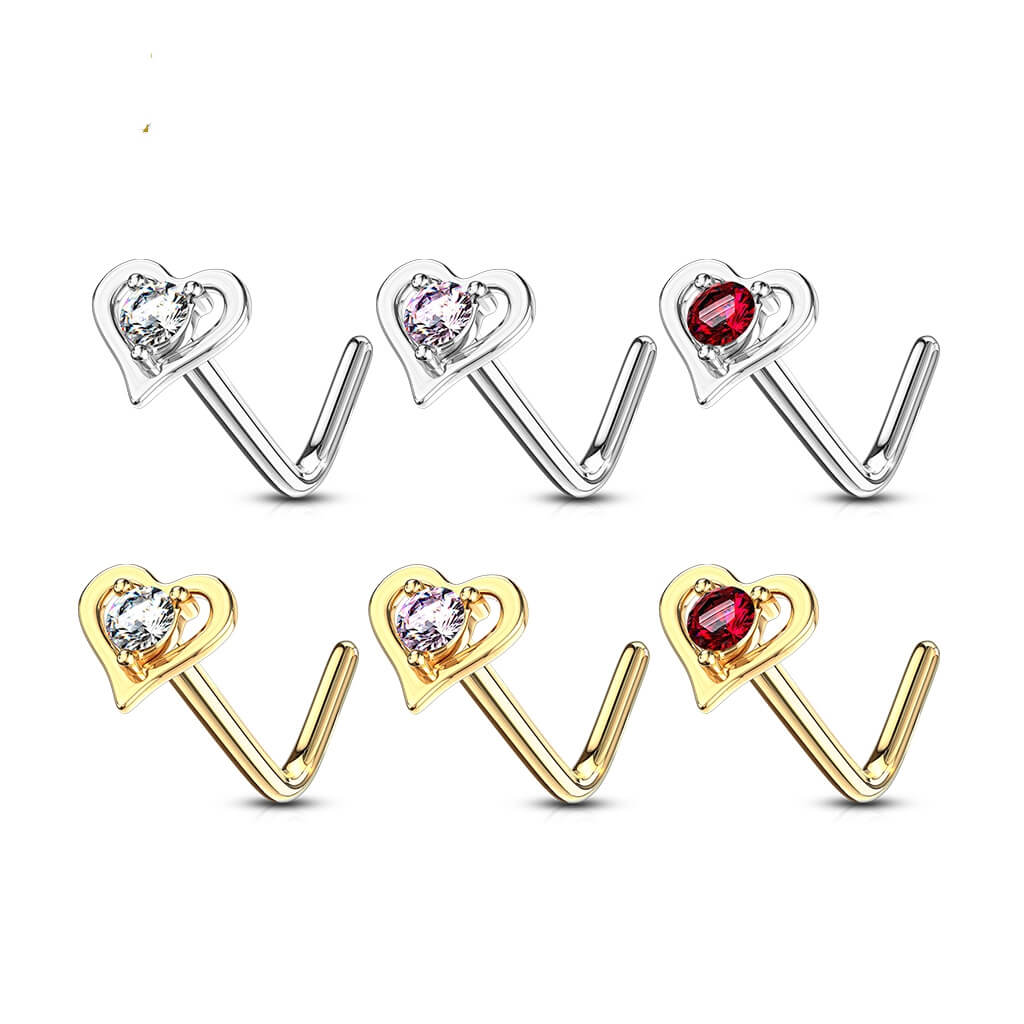 Solid Gold 14 Carat Nose L-Shape Heart Zirconia - Image 5