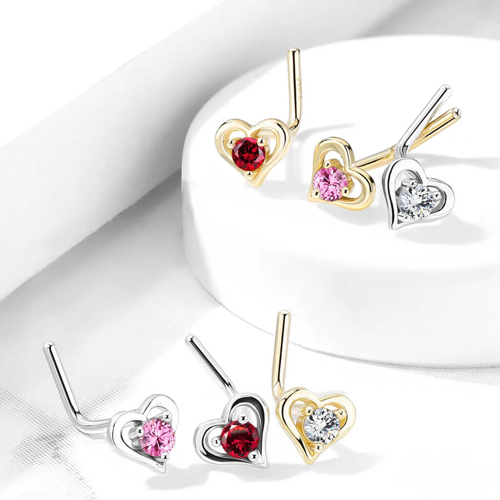 Solid Gold 14 Carat Nose L-Shape Heart Zirconia - Image 9