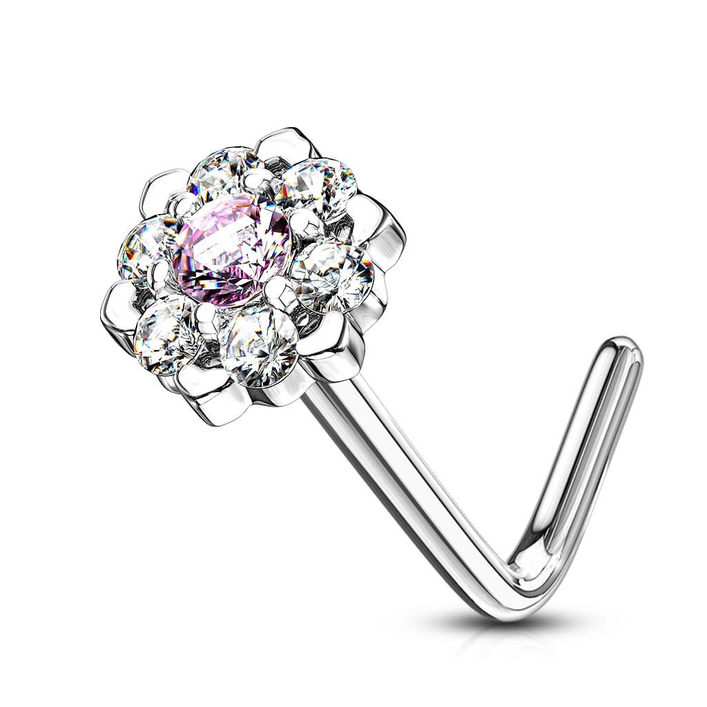 Solid Gold 14 Carat Nose L-Shape Flower Zirconia - Image 4