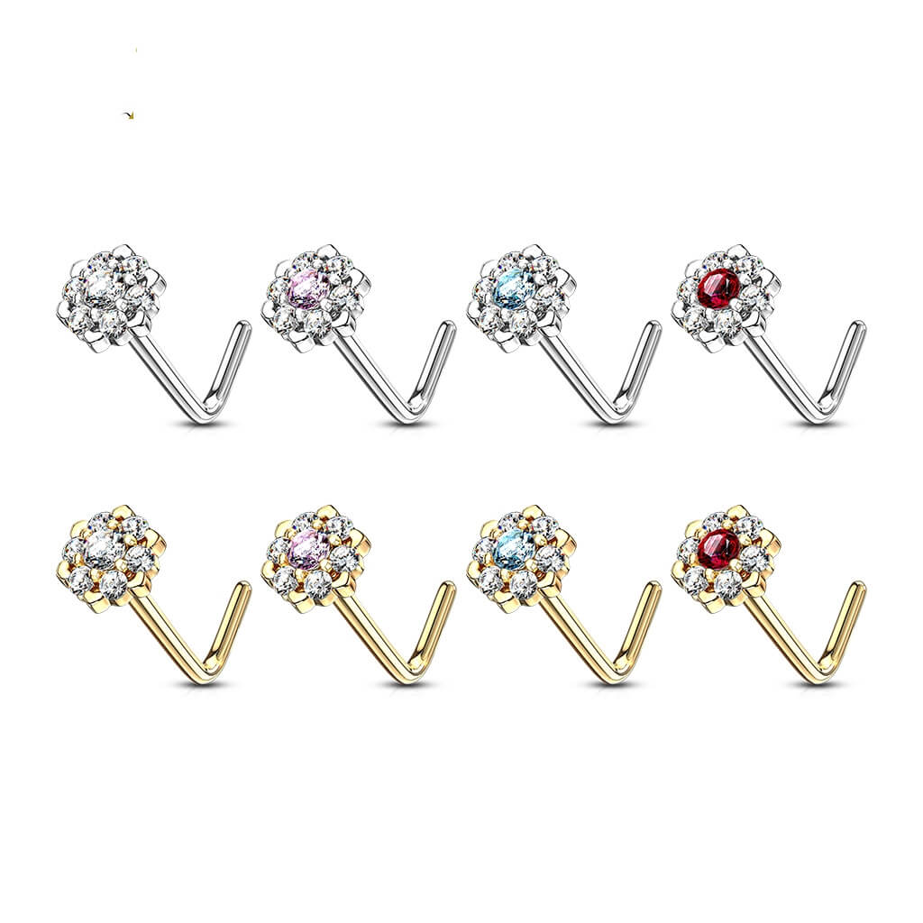 Solid Gold 14 Carat Nose L-Shape Flower Zirconia - Image 5