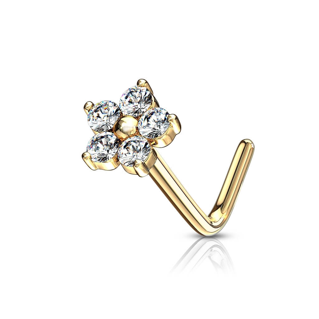 Solid Gold 14 Carat Nose L-Shape Flower Zirconia - Image 4