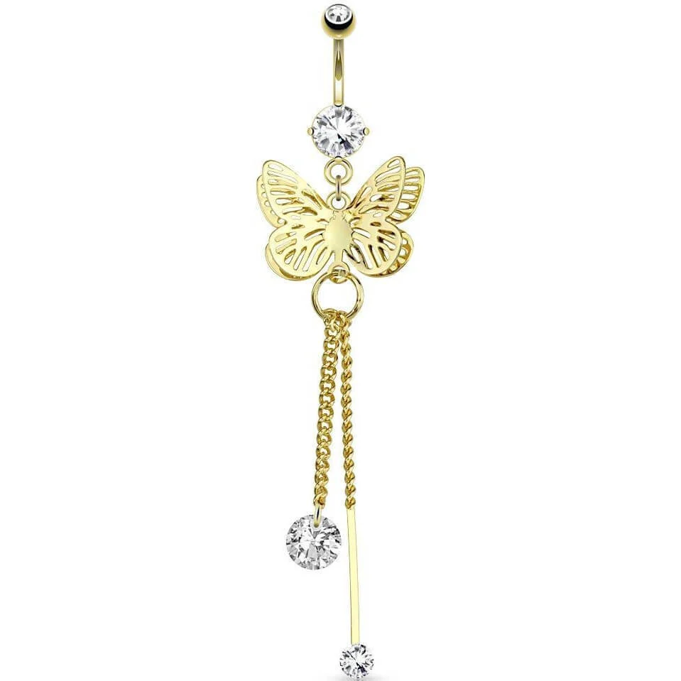 Belly Button Piercing Butterfly dangle Zirconia Gold
