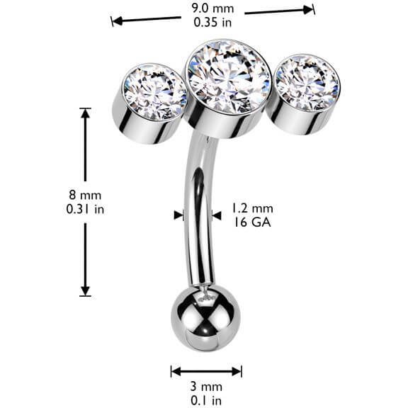 Titanium Curved Barbell three round zirconias bezel setting Push-In - Image 2