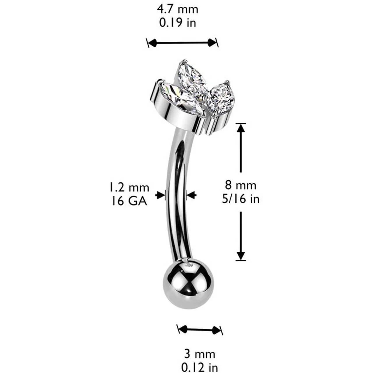 Titanium Eyebrow Piercing leaf zirconia marquise cut Push-In - Image 2