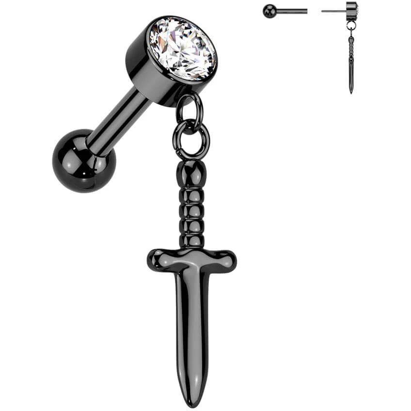 Titanium Barbell Dagger Zirconia Dangle Push-In - Image 3