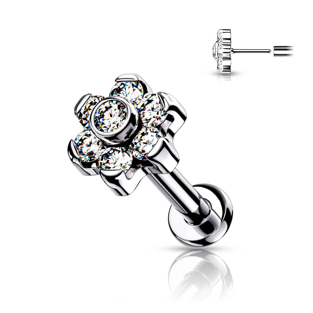 Titanium Labret Push-In Flower Zirconia Silver - Image 4