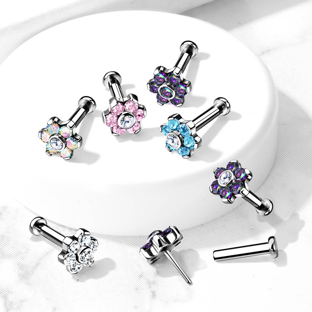Titanium Labret Push-In Flower Zirconia Silver - Image 9