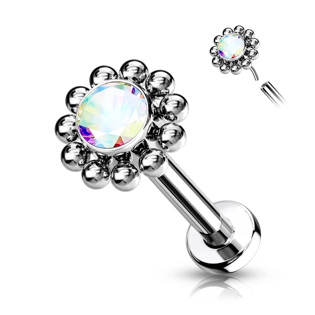 Titanium Labret Flower Zirconia Silver Push-In - Image 2