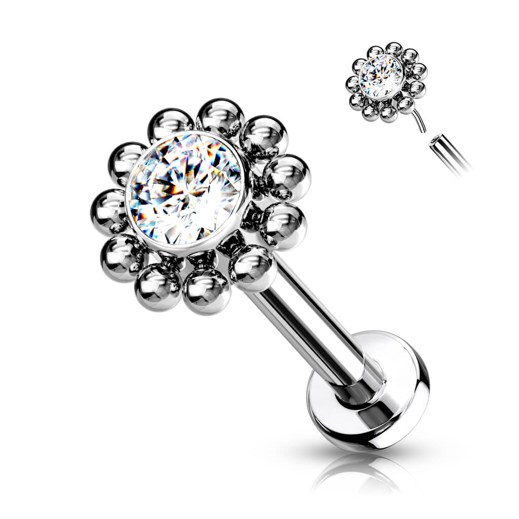 Titanium Labret Flower Zirconia Silver Push-In - Image 4