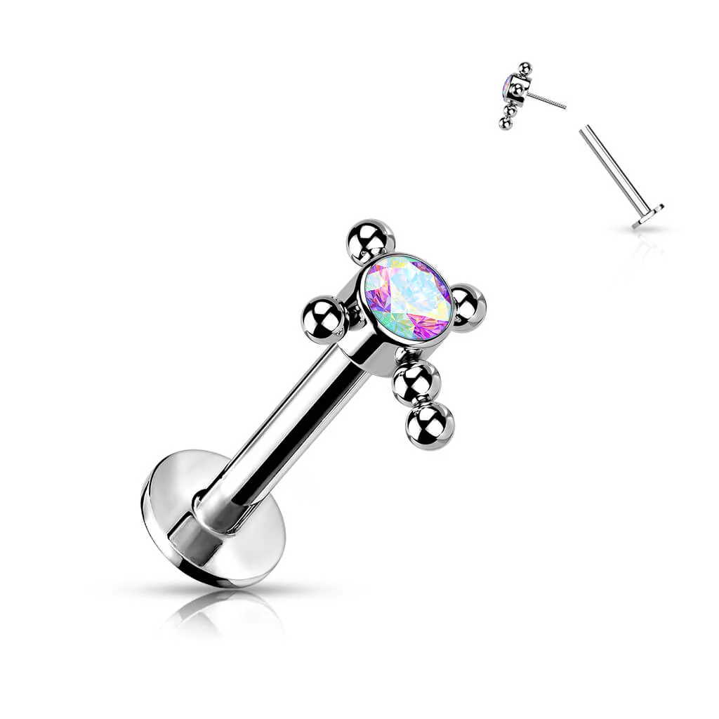 Titanium Labret Cross Zirconia Opal Silver Push-In - Image 2