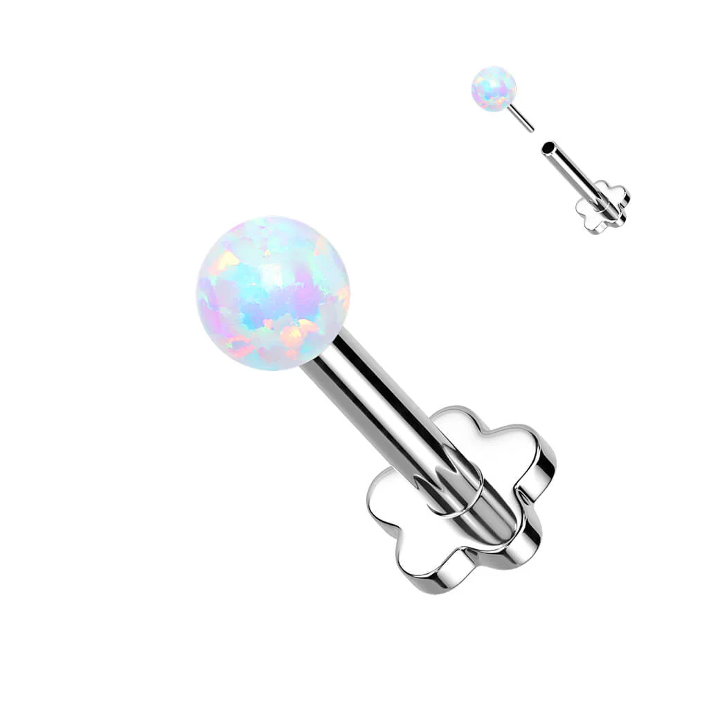 Titanium Labret Ball Opal Flower Base Silver Push-In - Image 4