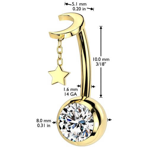 Titanium Belly Button Piercing star moon dangle zirconia Push-In - Image 2