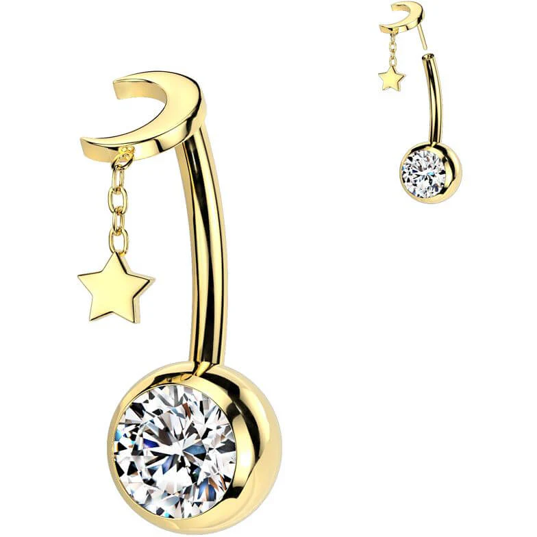Titanium Belly Button Piercing star moon dangle zirconia Push-In - Image 3
