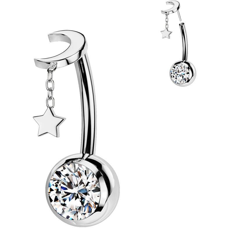 Titanium Belly Button Piercing star moon dangle zirconia Push-In - Image 4