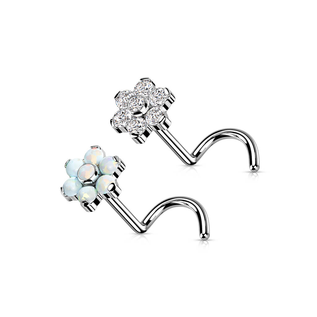 Titanium Nose Screw Flower Zirconia Opal Silver Push-In - Image 3