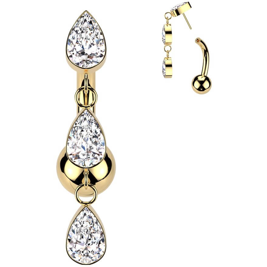 Titanium Belly Button Piercing 3 teardrops zirconias dangle Push-In - Image 3