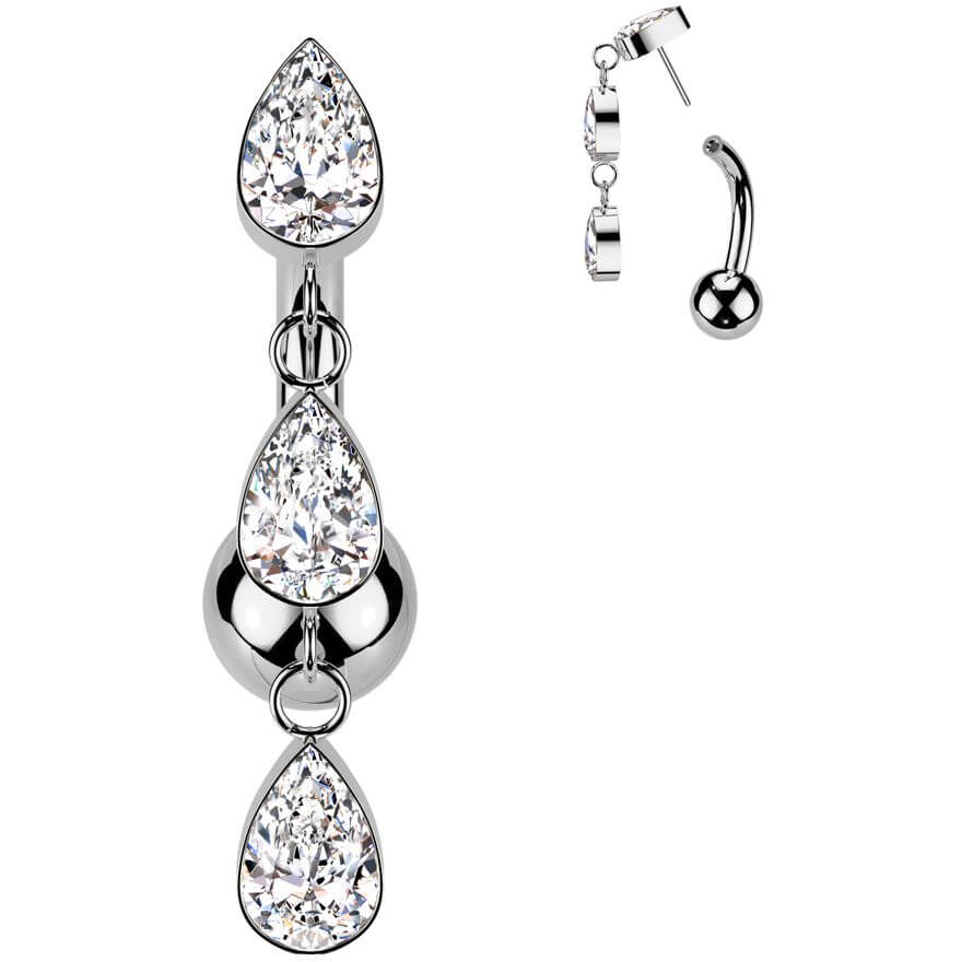 Titanium Belly Button Piercing 3 teardrops zirconias dangle Push-In - Image 4