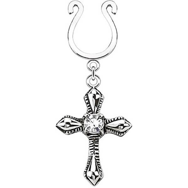 Fake Nipple Piercing Cross dangle Silver Bendable