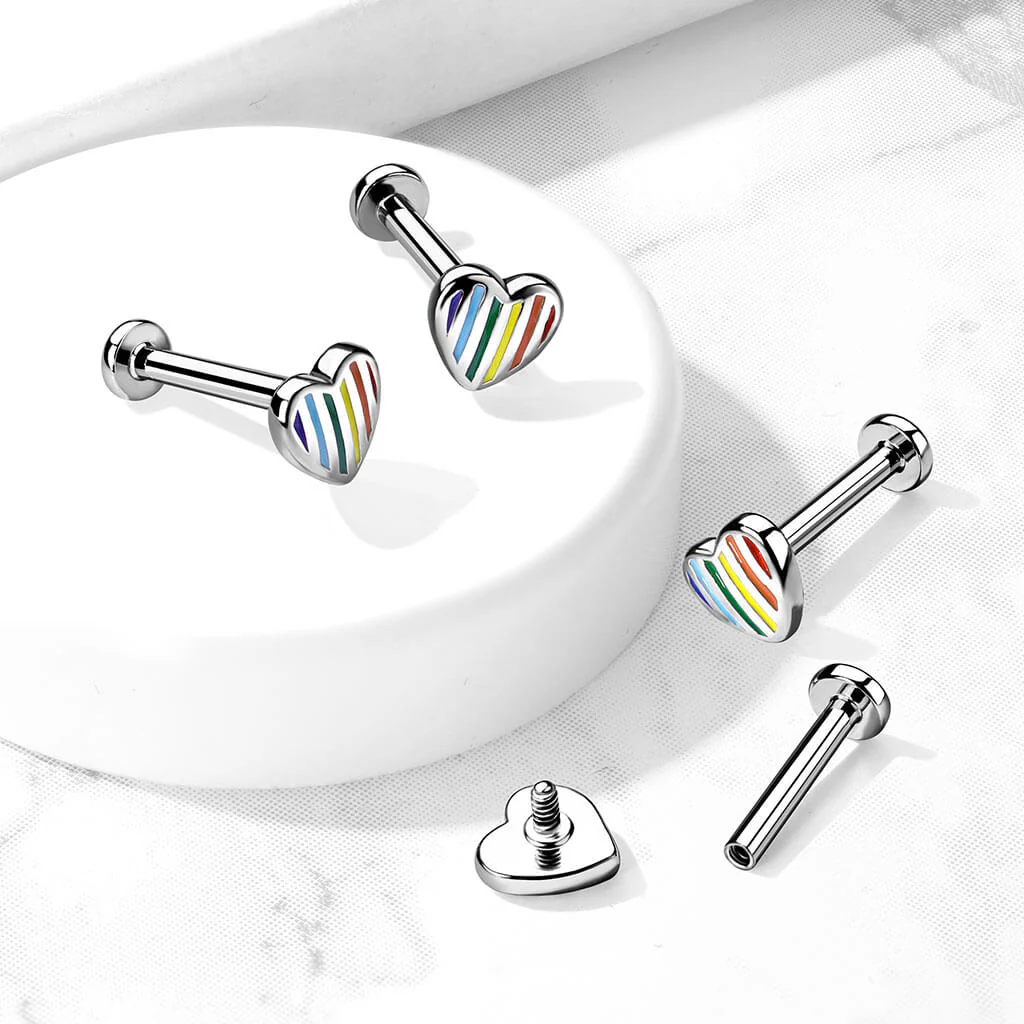Labret Rainbow Heart Flat Silver Internally Threaded - Image 4