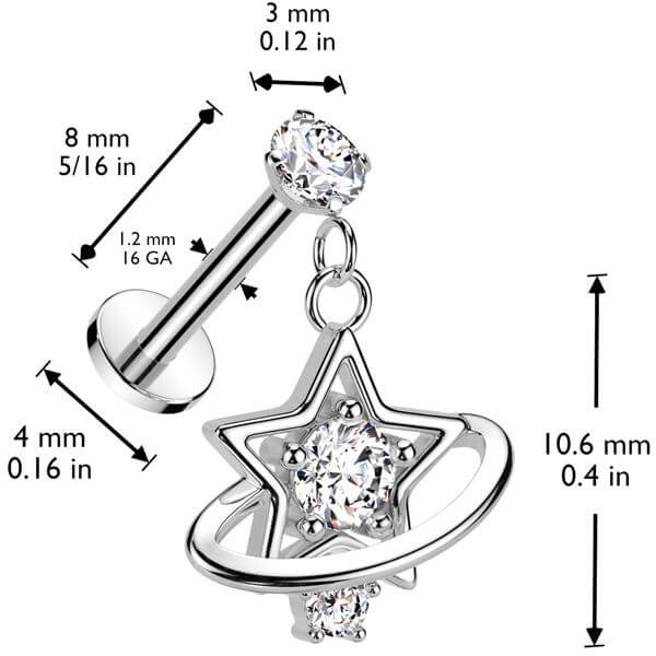 Labret Star Saturn Zirconia Internally Threaded - Image 2