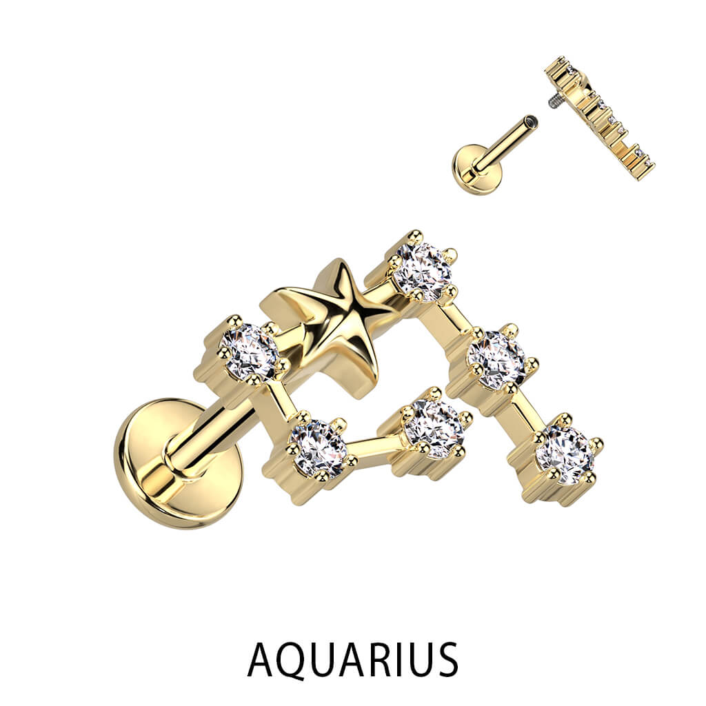Labret Zodiac sign Zirconia Gold Internally Threaded - Image 2