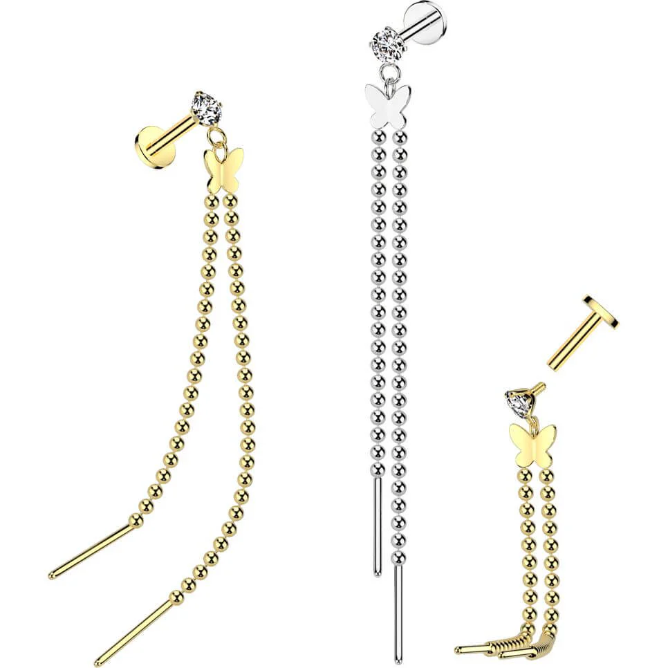 Labret butterfly 2 beaded chain dangle Internally Threaded - Image 3