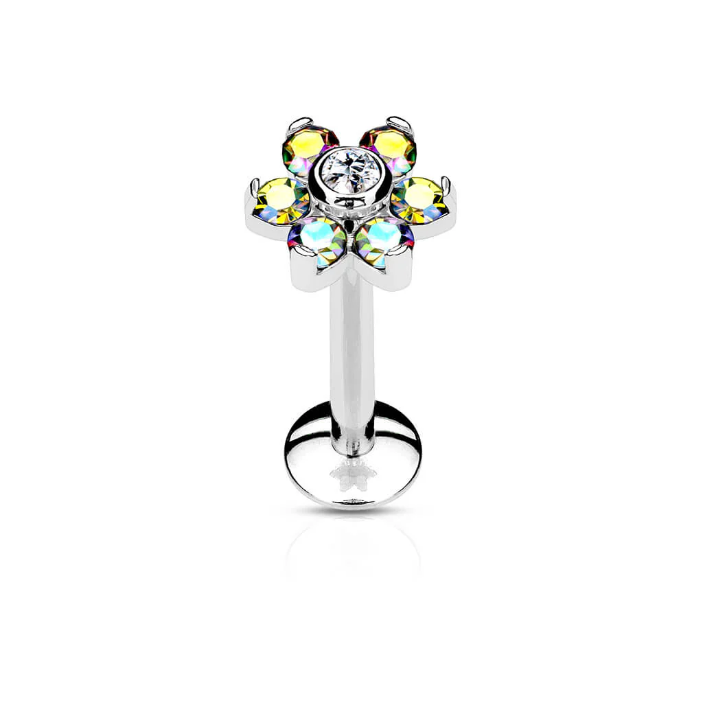 Labret Flower Zirconia Silver Internally Threaded - Image 2