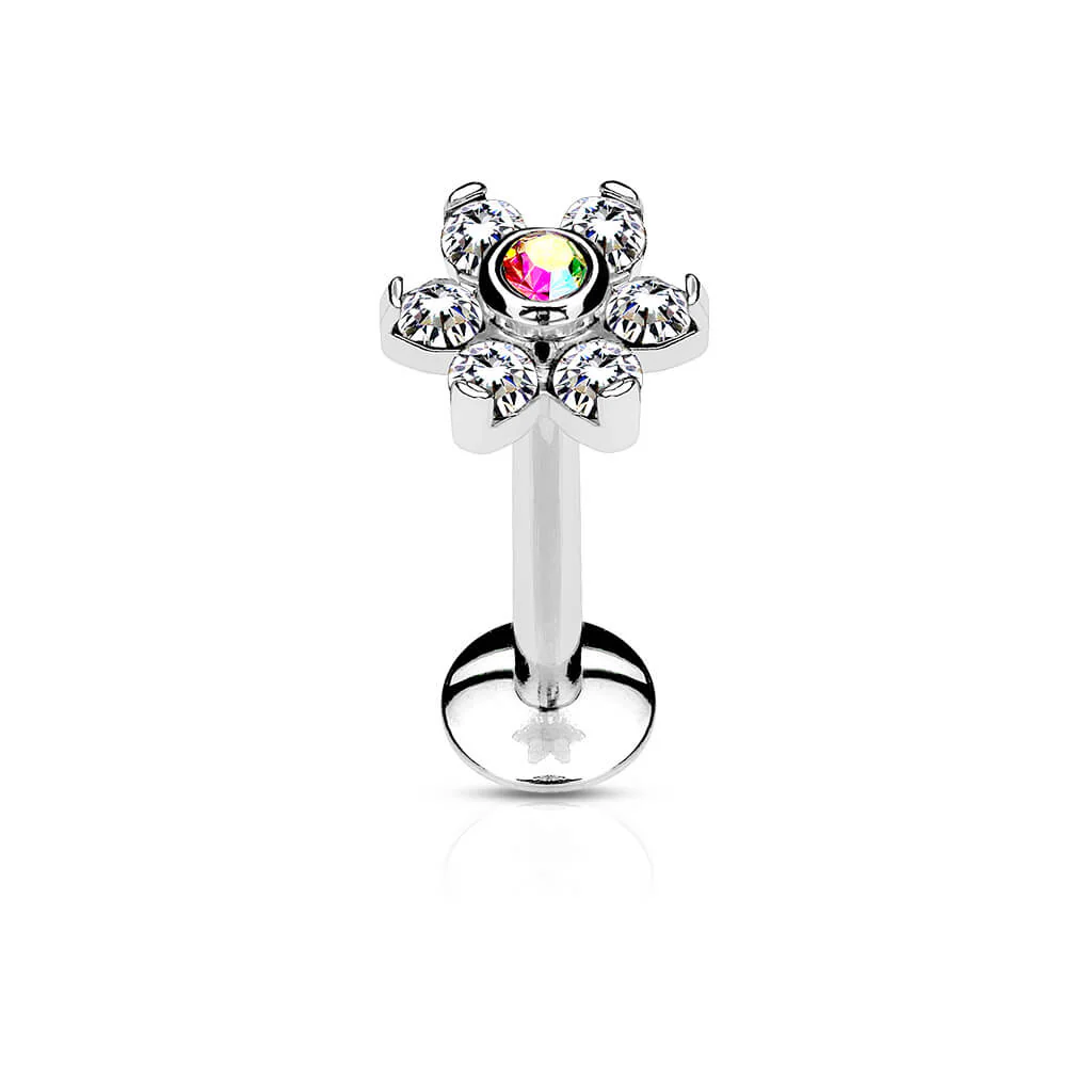 Labret Flower Zirconia Silver Internally Threaded - Image 3
