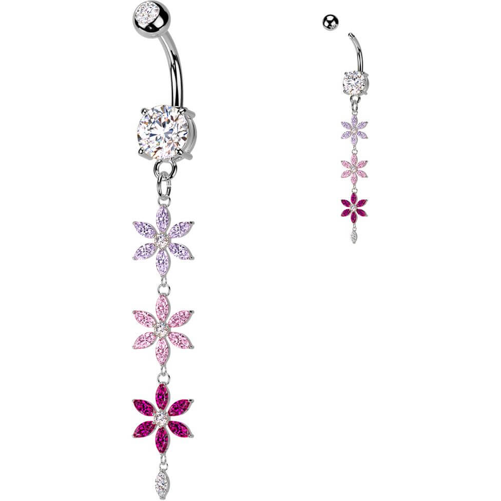 Belly Button Piercing multicolored triple zirconia flower dangle - Image 4