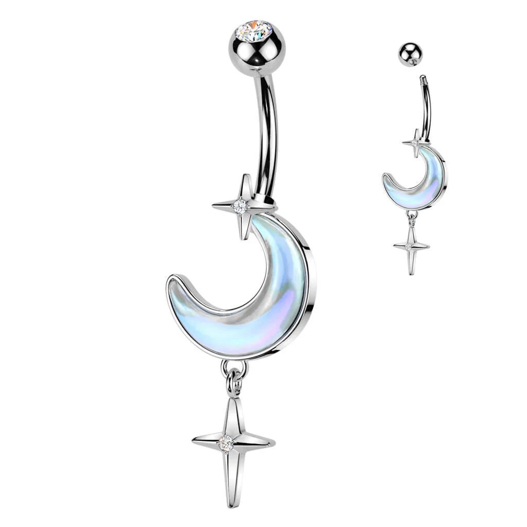 Belly Button Piercing crescent moon cross dangle zirconia - Image 4