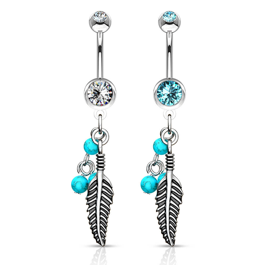 Belly Button Piercing Feather turquoise Semi-Precious Stone dangle Zirconia Silver - Image 4