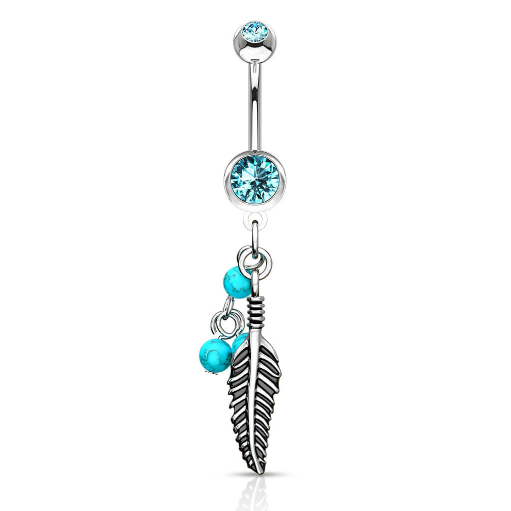 Belly Button Piercing Feather turquoise Semi-Precious Stone dangle Zirconia Silver - Image 5