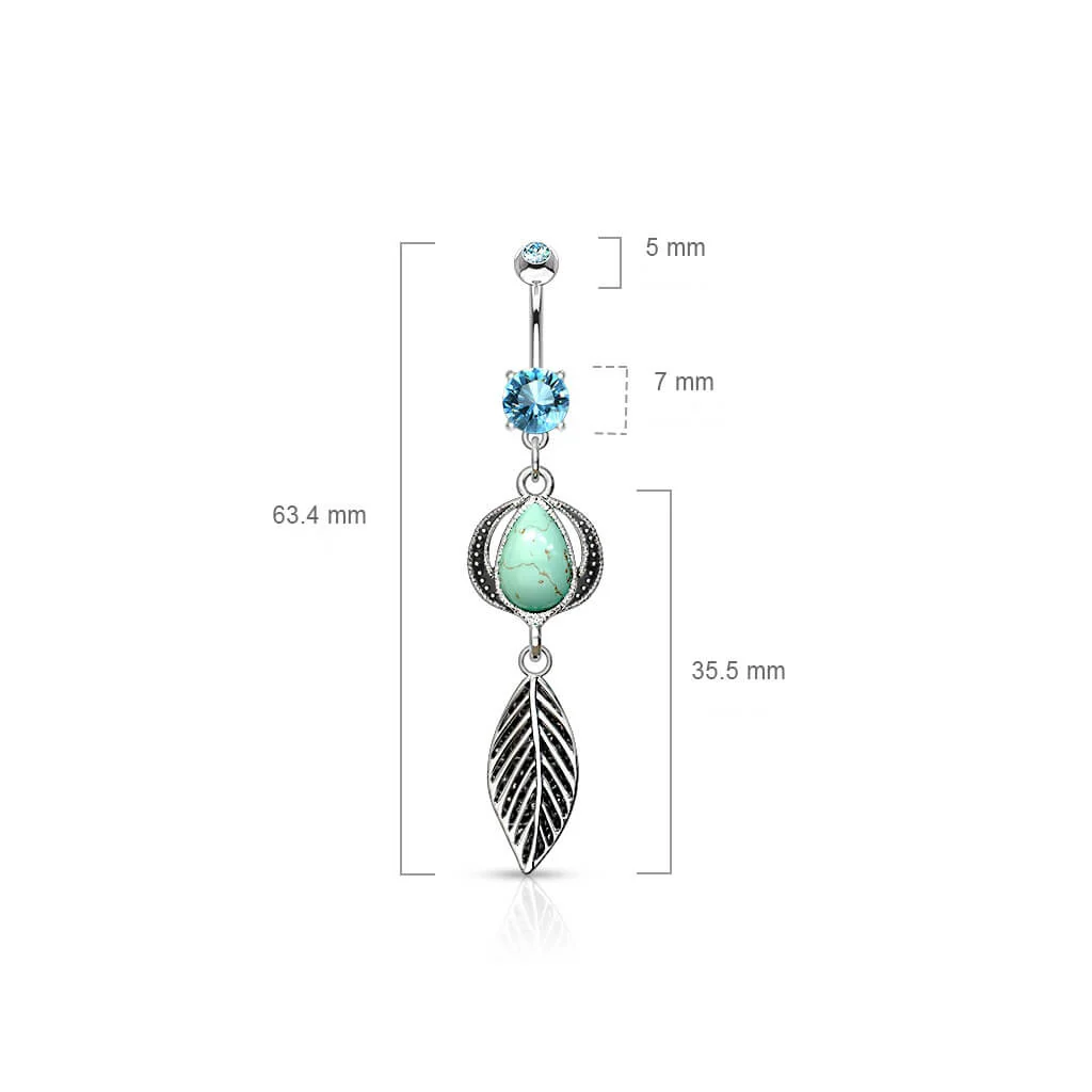 Belly Button Piercing Feather dangle Semi-Precious Stone turquoise Zirconia Silver - Image 2